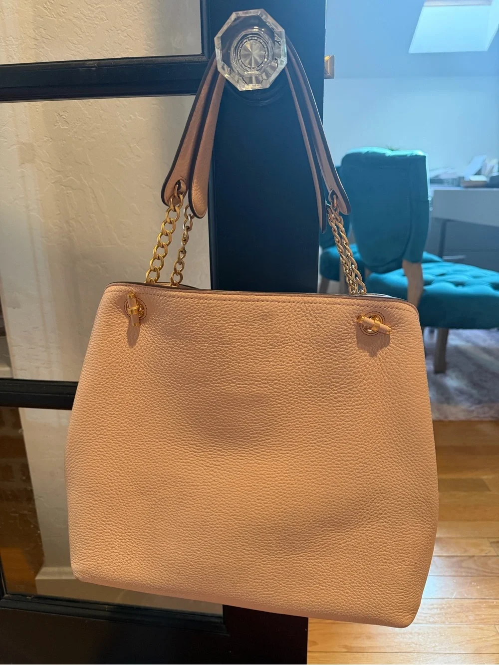 Tory Burch Blush Pink Pebbled Leather Shoulder Tote with Gold Chain Handles